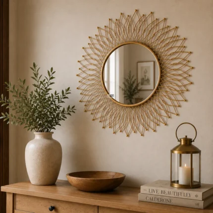 Ali.G.I-26x26 Inch Gold Sunburst Decorative Wall Mirror | Modern Metal Round Wall Mirror for Living Room, Bedroom & Entryway