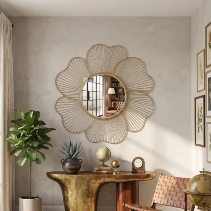 Ali.G.I-26x26 Inch Gold Flower Wall Mirror | Modern Decorative Round Metal Frame Mirror