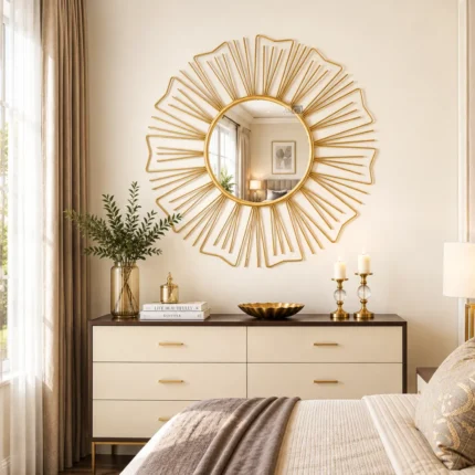 Ali.G.I-26 x 26 Inch Gold Sunburst Decorative Wall Mirror | Modern Round Metal Frame Mirror