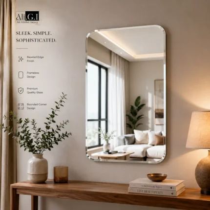 Ali.G.I Frameless Beveled Rectangle Wall Mirror with Rounded Corners | Modern Bathroom Vanity Mirror for Bedroom & Entryway