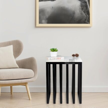 Ali.G.I-Square Black Side Table with White Marble Top (AGI-408)