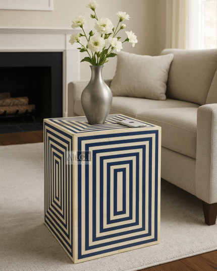 Ali.G.I-Resin Inlay Geometric Cube Side Table Blue & White (AGI-502)