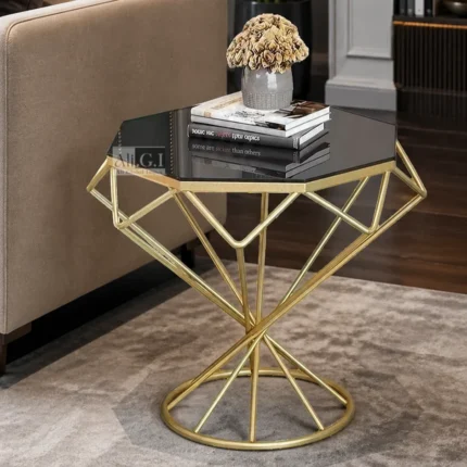 Ali.G.I-Gold Metal Side Table with Black Glass Accent Top (AGI-523)