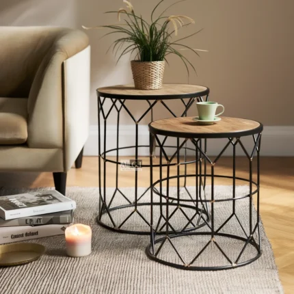 Ali.G.I-Luxury Nesting Side Tables Set of 2 Wood Metal Accent (AGI-528)
