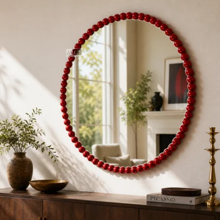 Ali.G.I-Luxurious Ruby Beaded Round Mirror 24 Inch (AGI-533)