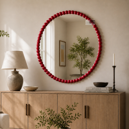 Ali.G.I-Luxurious Ruby Beaded Round Mirror 30X30 Inch (AGI-536)