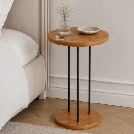 Ali.G.I Modern Round Wooden Side Table | Minimalist End Table with Solid Wood Top & Black Metal Legs