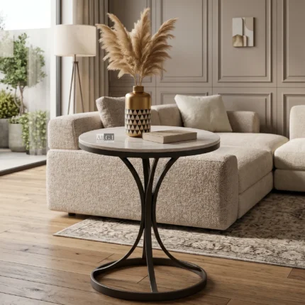 Ali.G.I Modern Round Marble Top Side Table | Contemporary End Table with Black Metal Base