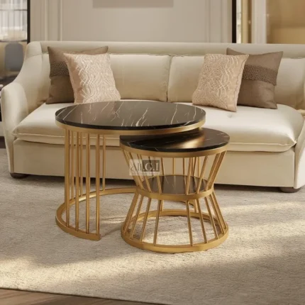 Ali.G.I Luxury Nesting Center Table Set of 2 | Black Marble Top Coffee Table with Gold Iron Frame