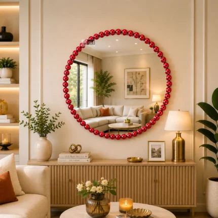 Ali.G.I 36-Inch Luxury Ruby Red Bobble Round Wall Mirror | Decorative Beaded Accent Mirror for Living Room, Bedroom, Entryway & Bathroom