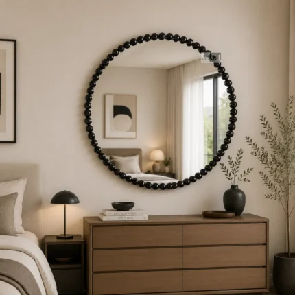 Ali.G.I 36 Inch Round Wall Mirror Black Bobble Mirror | Large Decorative Beaded Metal Frame Bathroom Vanity Mirror for Living Room Bedroom Entryway Hallway