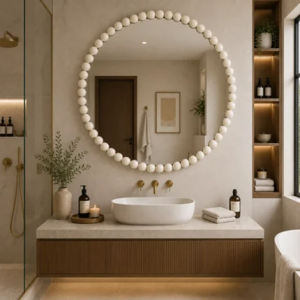 Ali.G.I 36 Inch Ivory Round Wall Mirror | Large Decorative Bobble Beaded Metal Frame Bathroom Vanity Mirror for Living Room Bedroom Entryway Hallway