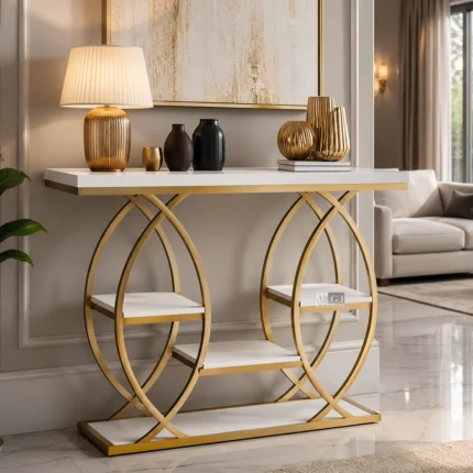 Ali.G.I Luxury Marble Console Table | Gold Metal Frame Entryway Table with 3-Tier Marble Shelves | Modern Hallway & Living Room Console