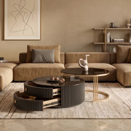 Ali.G.I Luxury Nesting Centre Table Set of 2 | Glass & Marble Top Coffee Table with Wooden Storage Drawers and Metal Frame | Modern Round Living Room Table