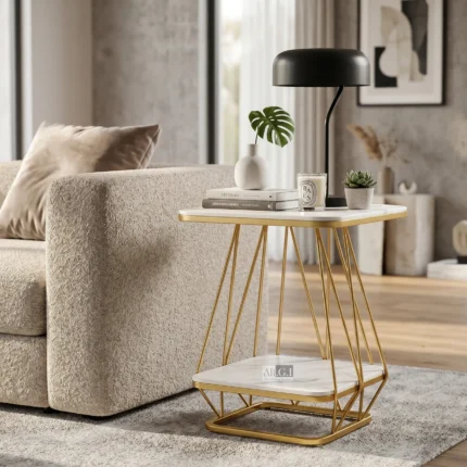 Ali.G.I Luxury Marble End Table with Storage Shelf | Gold Metal Side Table with White Marble Top & Bottom Shelf | Modern Bedside Table for Living Room & Bedroom