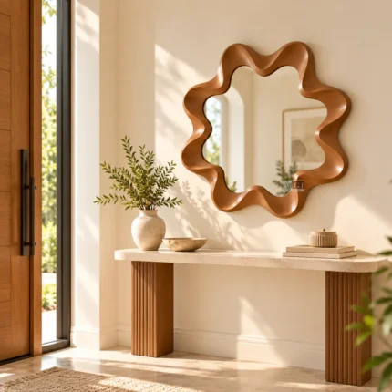 Ali.G.I 32" Wavy Wall Mirror in Walnut Finish | Designer Frame Statement Mirror for Living Room, Bedroom, Entryway & Vanity