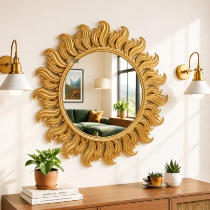 Ali.G.I 30 Inch Gold Sunburst Wall Mirror | Ornate Round Decorative Mirror with Radiant Frame for Living Room, Bedroom & Entryway