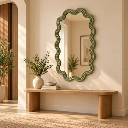 Ali.G.I 24x36 Inch Sage Green Scalloped Wall Mirror | Wavy Grooved Decorative Mirror for Bedroom, Living Room, Dressing Area & Entryway